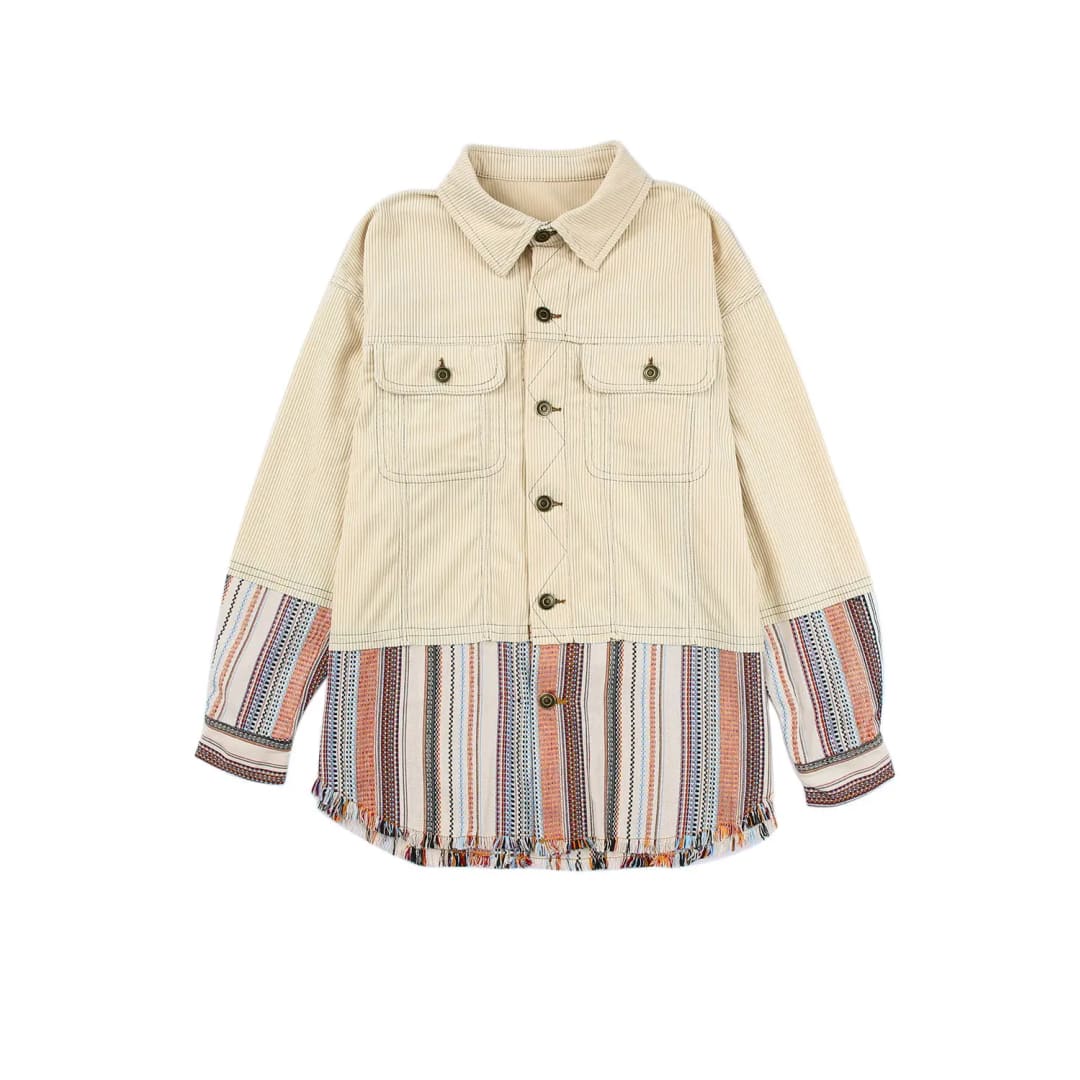 Button Up Pockets Striped Color Block Corduroy Jacket | Fashionfitz