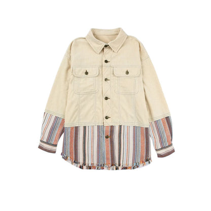 Button Up Pockets Striped Color Block Corduroy Jacket | Fashionfitz
