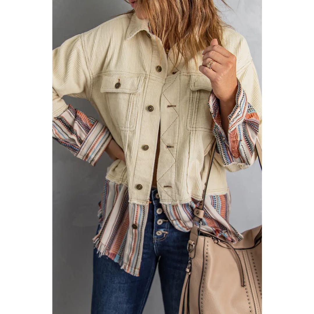 Button Up Pockets Striped Color Block Corduroy Jacket | Fashionfitz