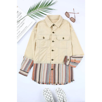 Button Up Pockets Striped Color Block Corduroy Jacket | Fashionfitz
