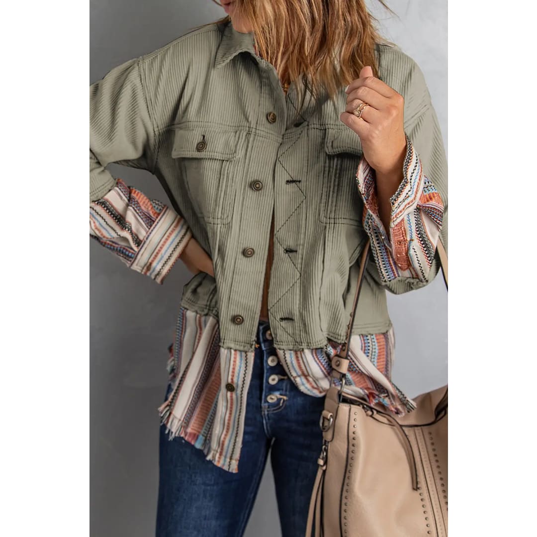Button Up Pockets Striped Color Block Corduroy Jacket | Fashionfitz