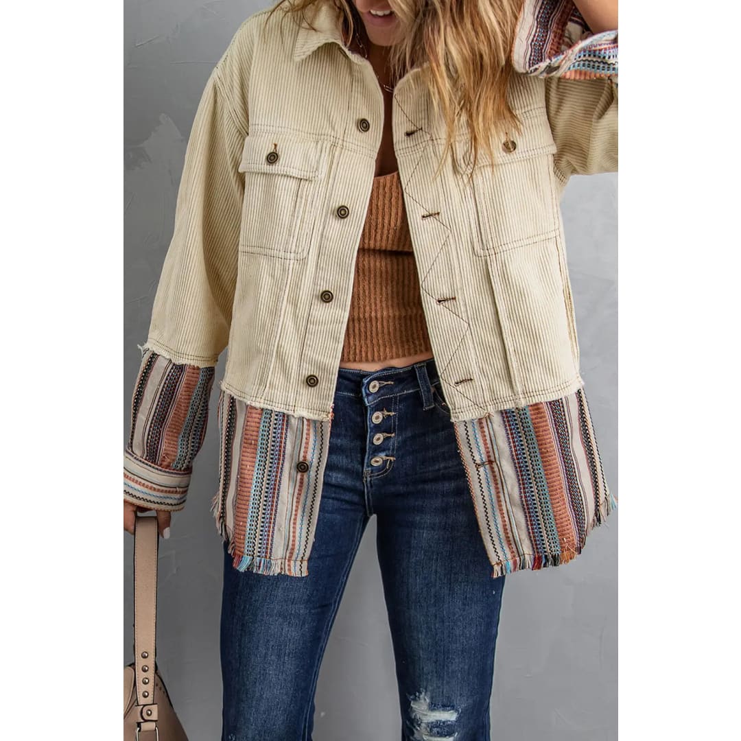 Button Up Pockets Striped Color Block Corduroy Jacket | Fashionfitz