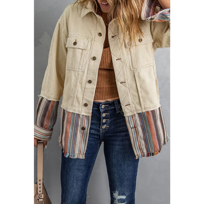 Button Up Pockets Striped Color Block Corduroy Jacket | Fashionfitz