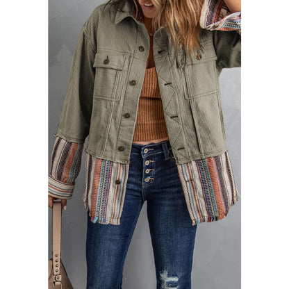Button Up Pockets Striped Color Block Corduroy Jacket | Fashionfitz
