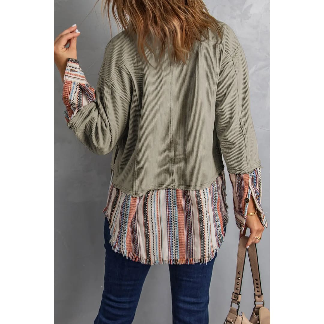 Button Up Pockets Striped Color Block Corduroy Jacket | Fashionfitz