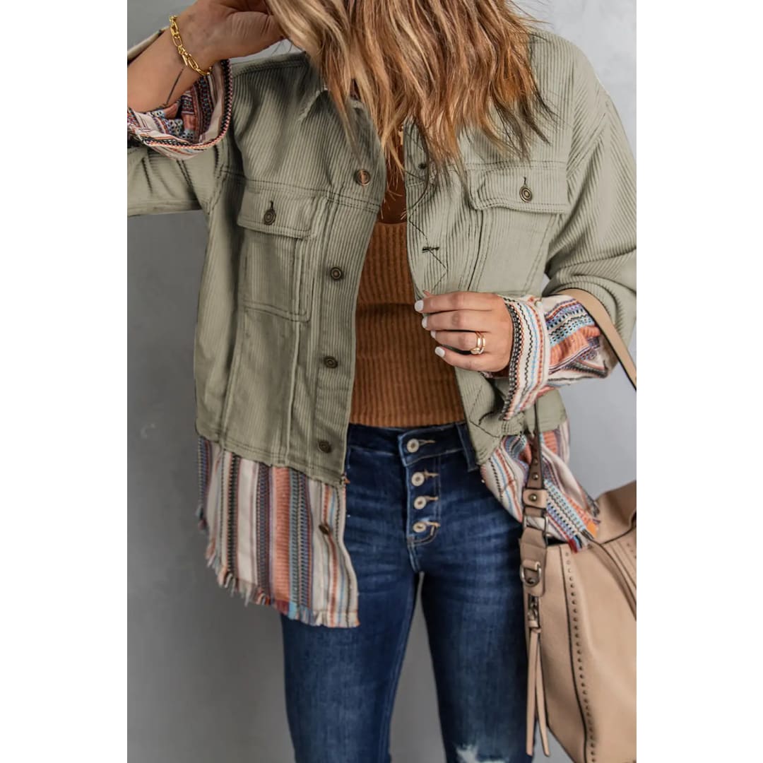 Button Up Pockets Striped Color Block Corduroy Jacket | Fashionfitz