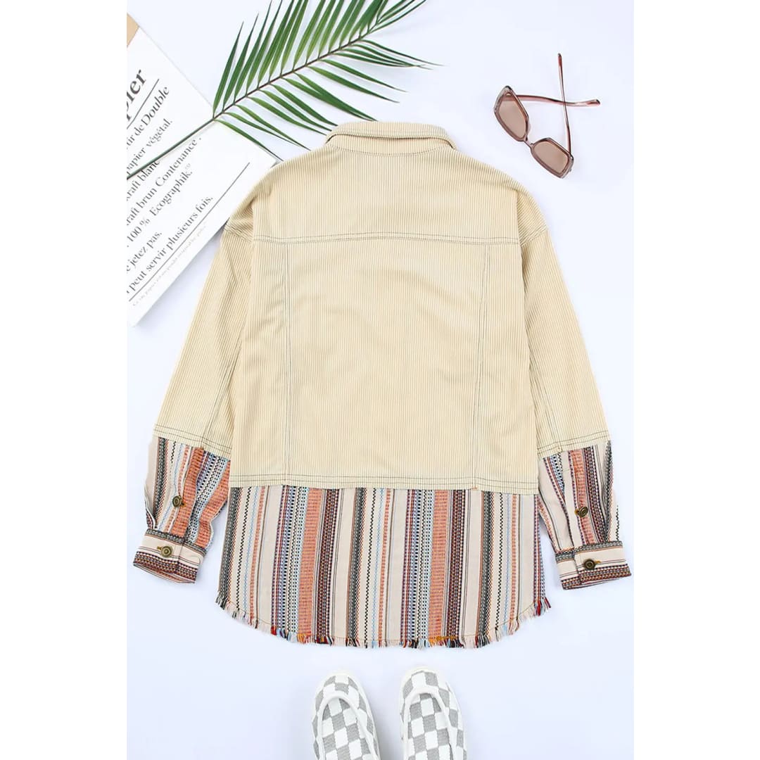 Button Up Pockets Striped Color Block Corduroy Jacket | Fashionfitz