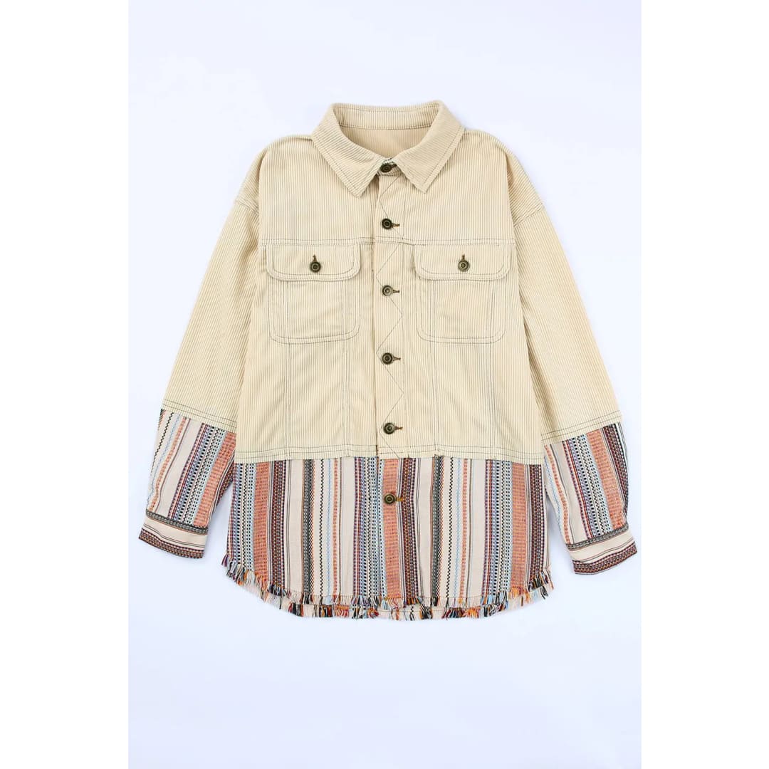 Button Up Pockets Striped Color Block Corduroy Jacket | Fashionfitz