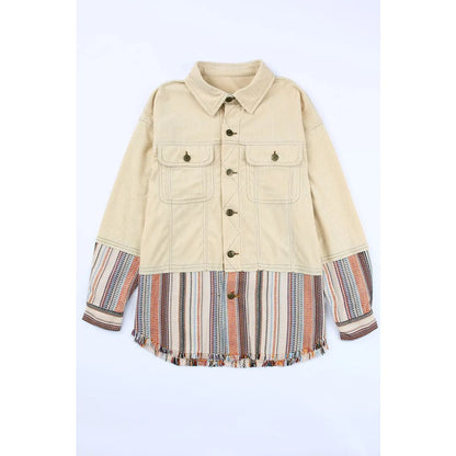 Button Up Pockets Striped Color Block Corduroy Jacket | Fashionfitz