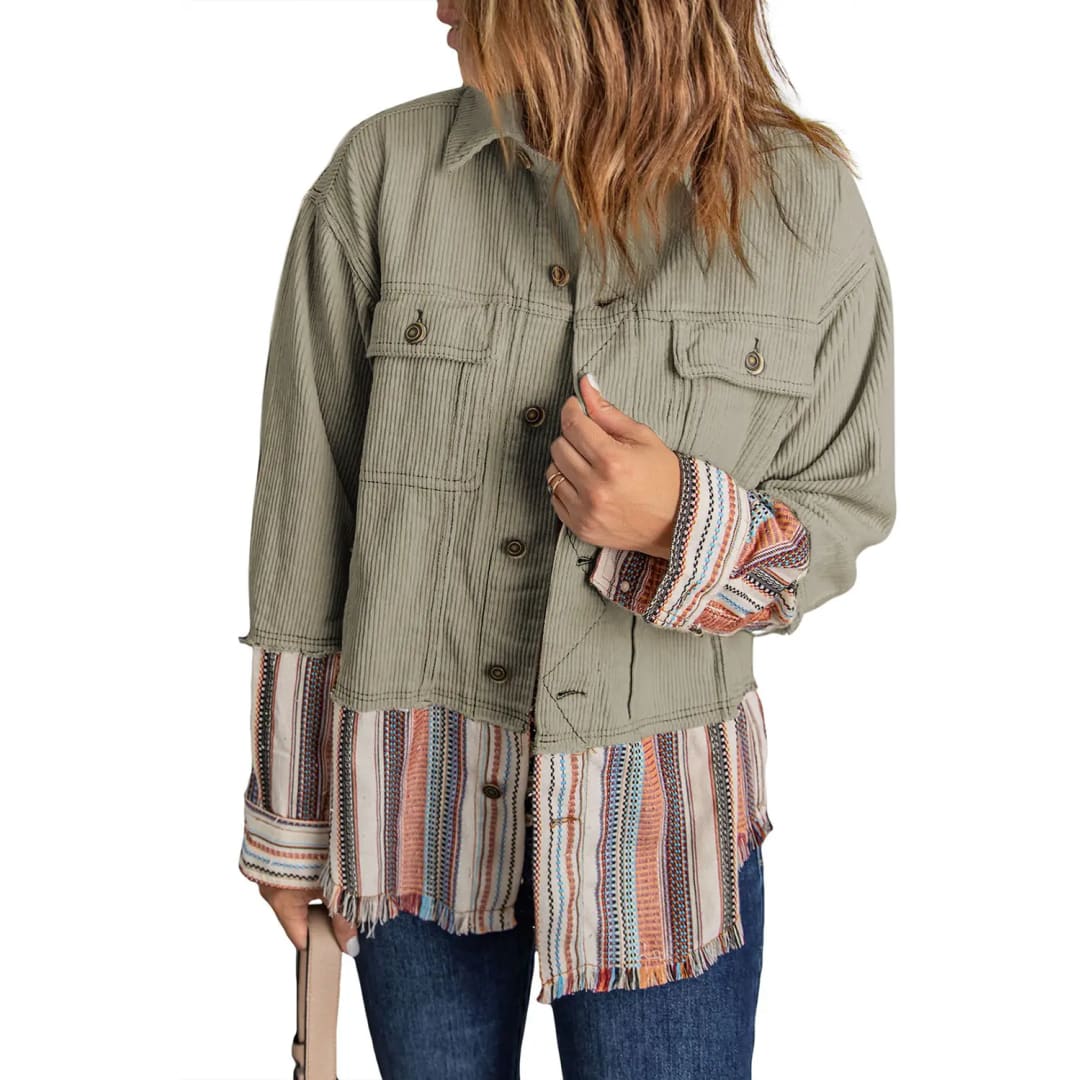 Button Up Pockets Striped Color Block Corduroy Jacket | Fashionfitz