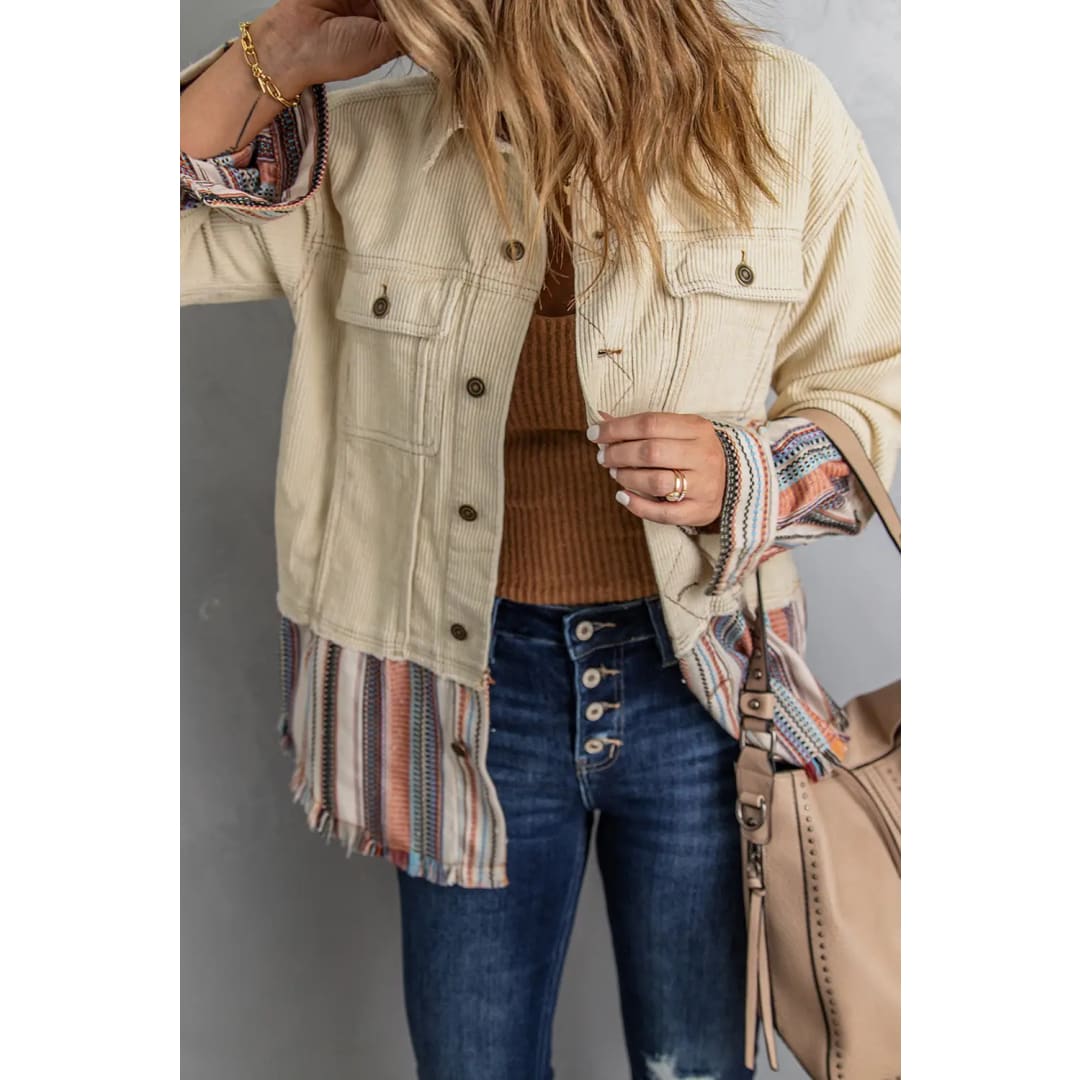 Button Up Pockets Striped Color Block Corduroy Jacket | Fashionfitz