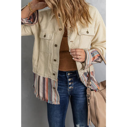 Button Up Pockets Striped Color Block Corduroy Jacket | Fashionfitz