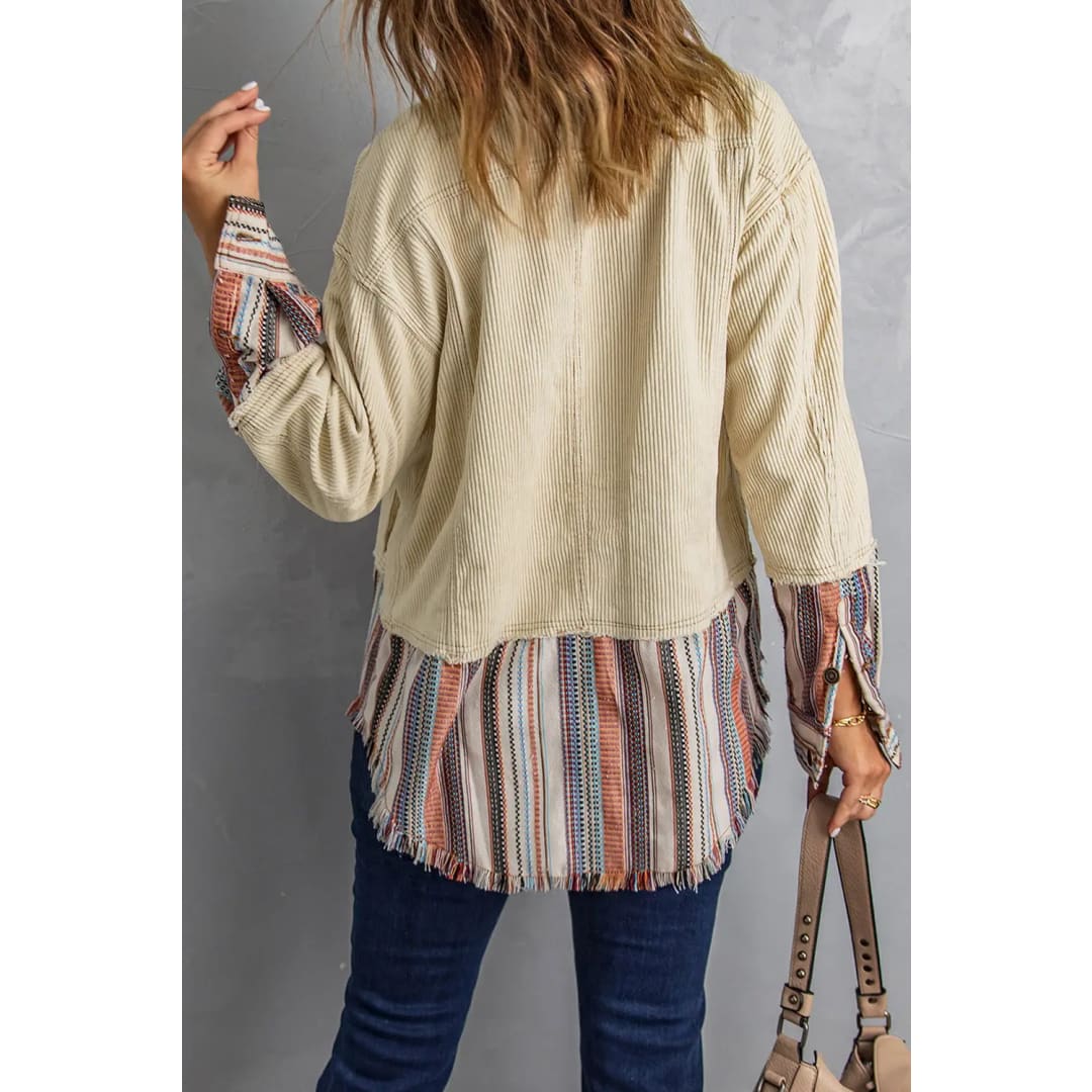 Button Up Pockets Striped Color Block Corduroy Jacket | Fashionfitz
