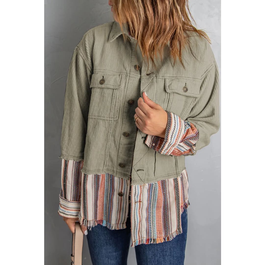 Button Up Pockets Striped Color Block Corduroy Jacket | Fashionfitz