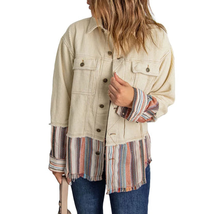 Button Up Pockets Striped Color Block Corduroy Jacket | Fashionfitz