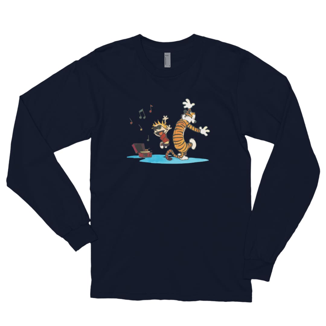 Calvin and Hobbes Dancing with Record Player Long Sleeve Shirt | Art-O-Rama