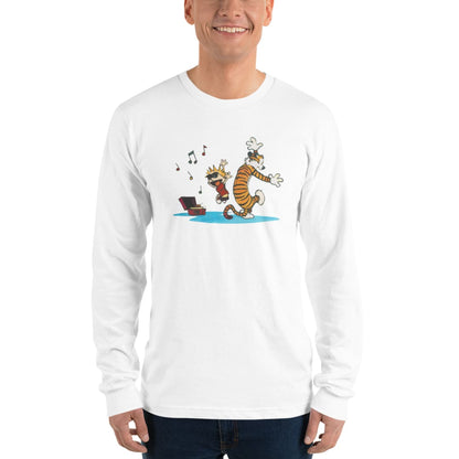 Calvin and Hobbes Dancing with Record Player Long Sleeve Shirt | Art-O-Rama