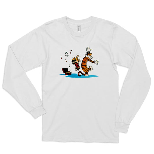 Calvin and Hobbes Dancing with Record Player Long Sleeve Shirt | Art-O-Rama