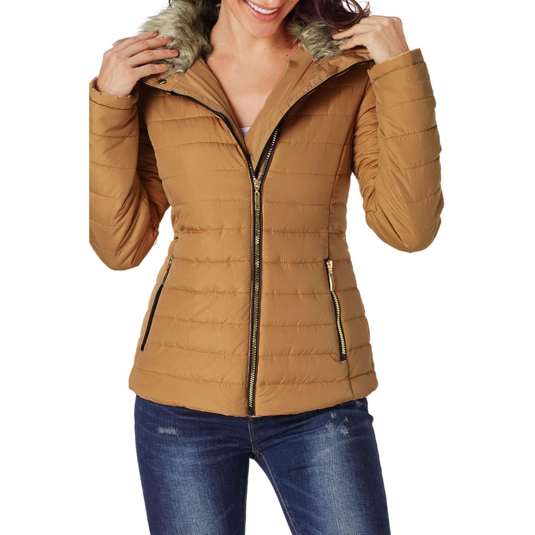 Camel Faux Fur Collar Trim Black Quilted Jacket | DropshipClothes