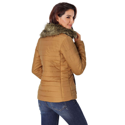 Camel Faux Fur Collar Trim Black Quilted Jacket | DropshipClothes