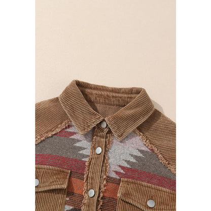 Camel Western Pattern Patchwork Flap Pocket Shacket | Fashionfitz