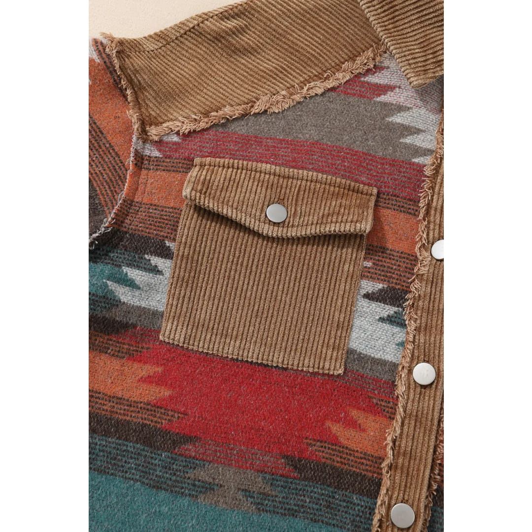 Camel Western Pattern Patchwork Flap Pocket Shacket | Fashionfitz