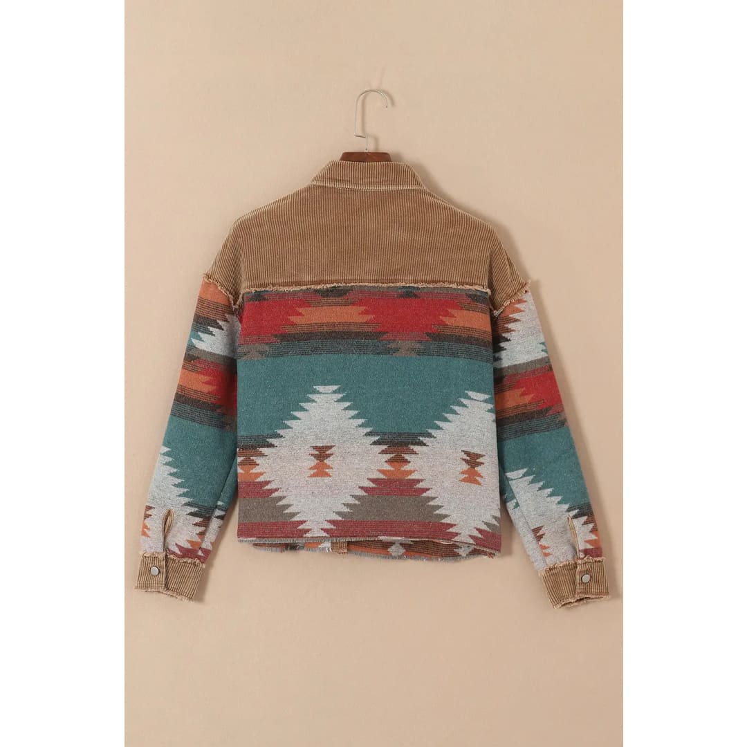 Camel Western Pattern Patchwork Flap Pocket Shacket | Fashionfitz