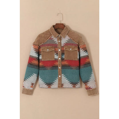 Camel Western Pattern Patchwork Flap Pocket Shacket | Fashionfitz