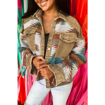 Camel Western Pattern Patchwork Flap Pocket Shacket | Fashionfitz