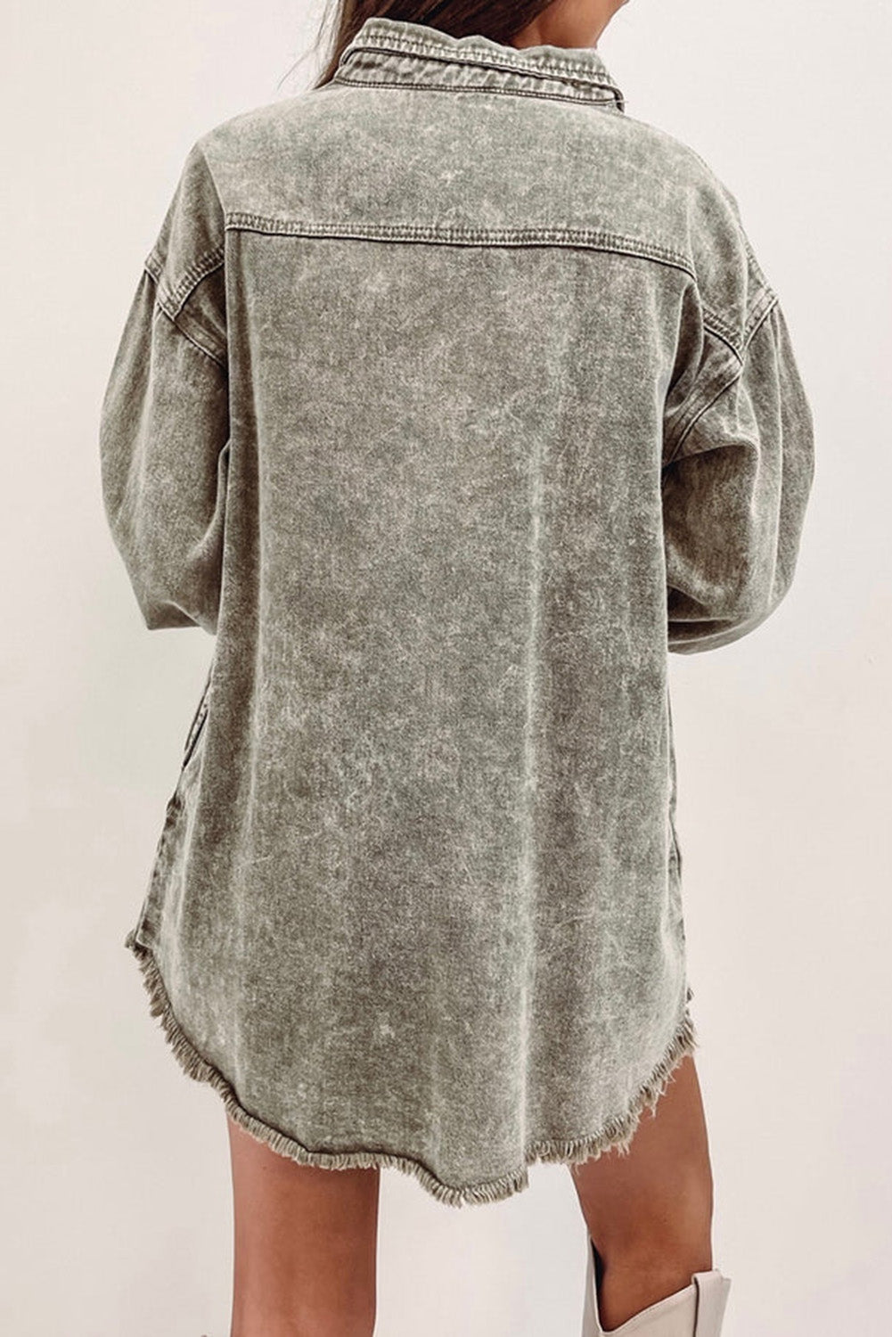 Sage Green Acid Wash Flap Pocket Raw Hem Tunic Denim Jacket-1