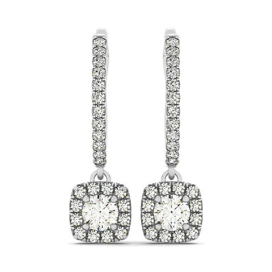 Cushion Shape Halo Style Diamond Drop Earrings in 14k White Gold (1/2 cttw) | Richard