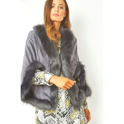 Dark Grey Faux Fur Suede Cape Jacket | Buy Me Fur Ltd