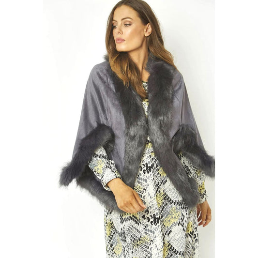 Dark Grey Faux Fur Suede Cape Jacket | Buy Me Fur Ltd