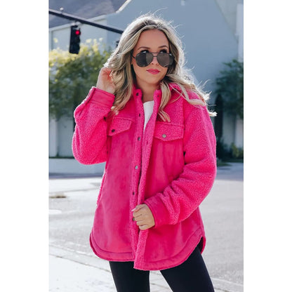Dark Pink Faux Suede Sherpa Patchwork Button-up Shacket | Fashionfitz
