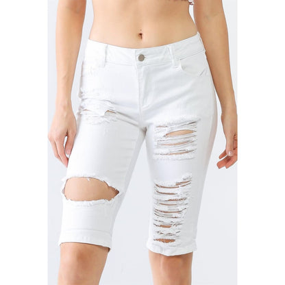 Denim Cotton Distressed Five Pocket Capri Jeans | Litz La
