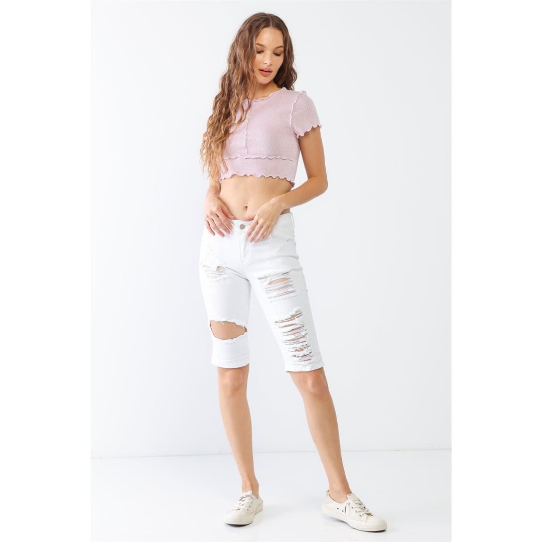 Denim Cotton Distressed Five Pocket Capri Jeans | Litz La