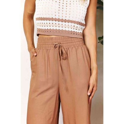 Double Take Drawstring Smocked Waist Wide Leg Pants | The Urban Clothing Shop™