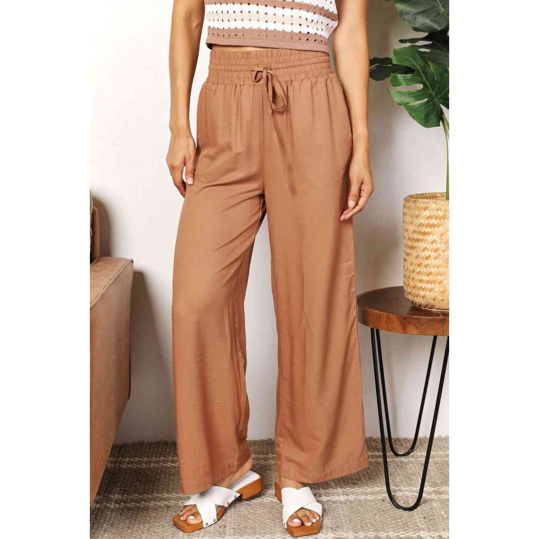 Double Take Drawstring Smocked Waist Wide Leg Pants | The Urban Clothing Shop™