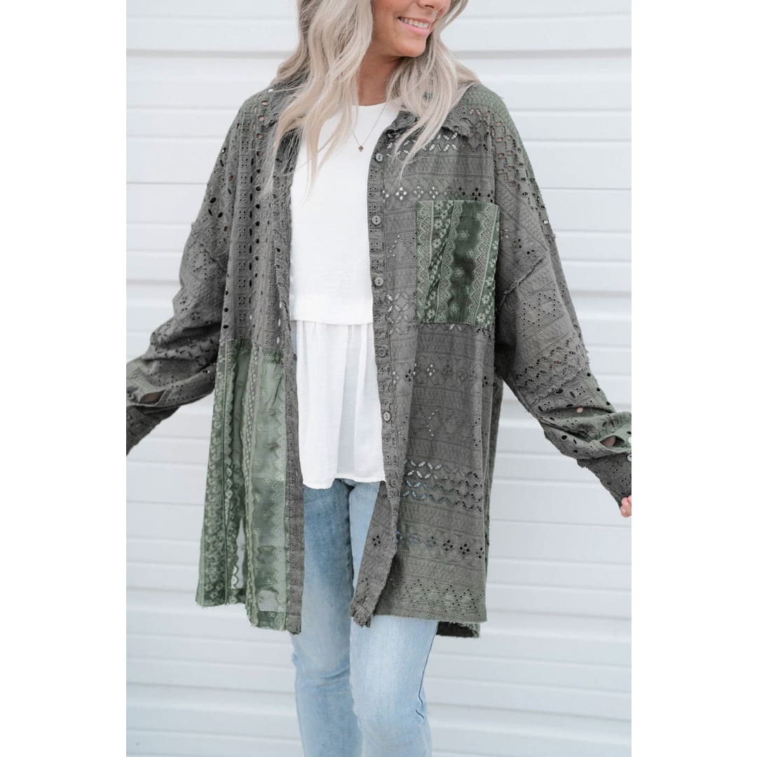 Duffel Green Eyelet Pattern Patchwork Oversized Button Up Shacket | DropshipClothes