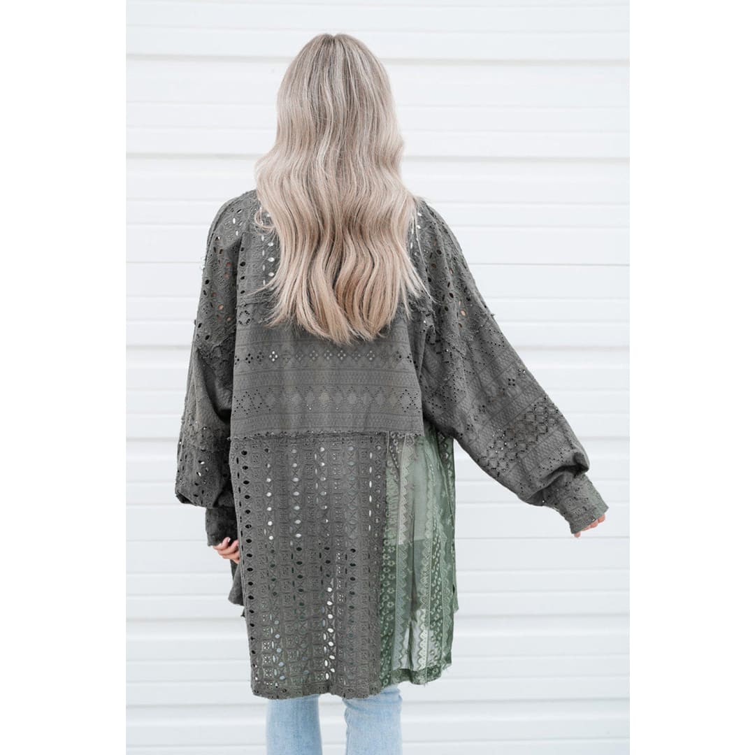 Duffel Green Eyelet Pattern Patchwork Oversized Button Up Shacket | DropshipClothes
