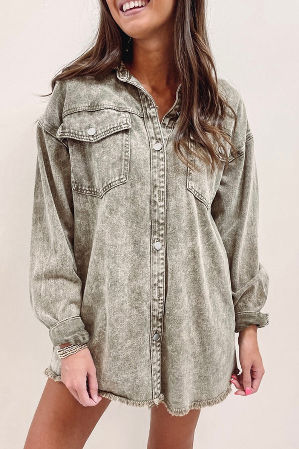 Sage Green Acid Wash Flap Pocket Raw Hem Tunic Denim Jacket-0