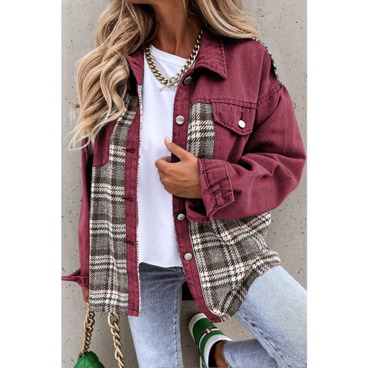 Fiery Red Plaid Patchwork Pockets Denim Jacket | DropshipClothes