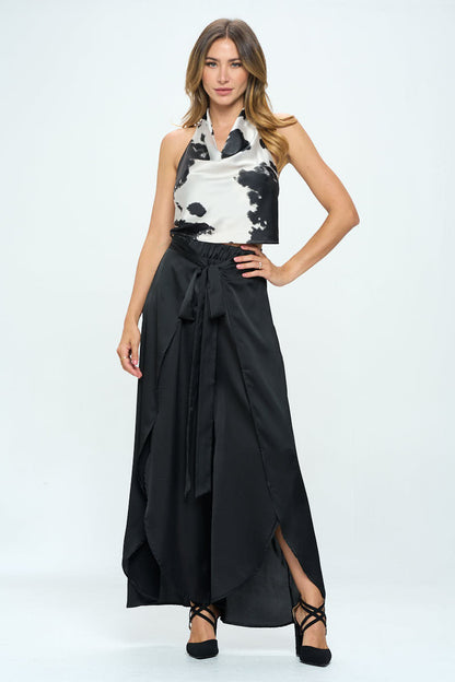 Stretch Satin Split Wide Leg Pants with Tie-4
