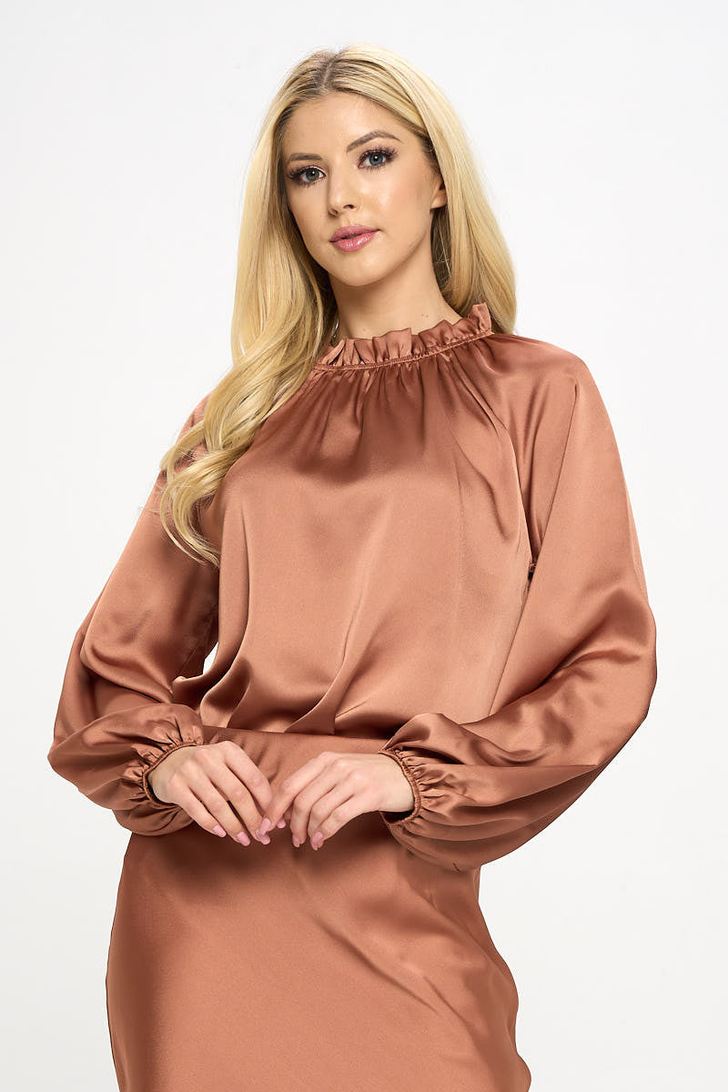 Solid Satin Ruffle Mock Neck Top-0