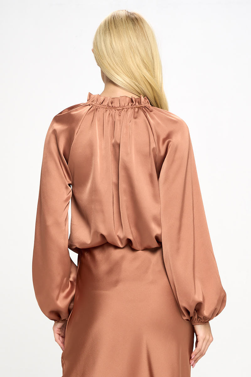 Solid Satin Ruffle Mock Neck Top-3