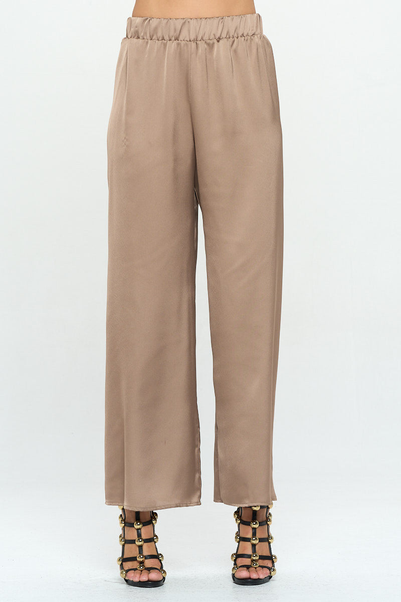 Stretch Satin Pants w/ Elastic Waist and Pockets-0