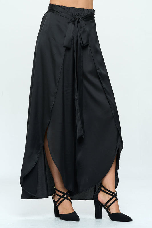 Stretch Satin Split Wide Leg Pants with Tie-1