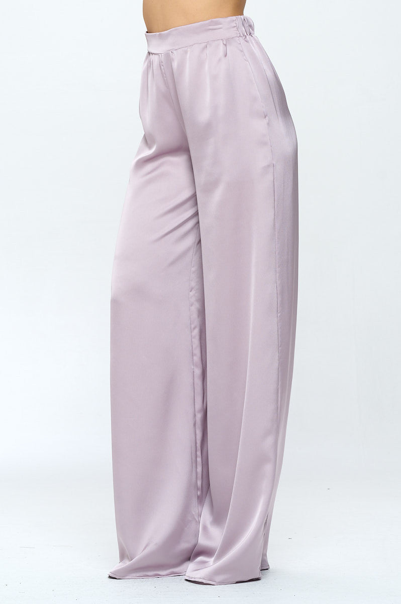 Stretch Satin Pants w/ Elastic Waist and Pockets-1