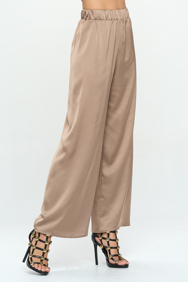Stretch Satin Pants w/ Elastic Waist and Pockets-1