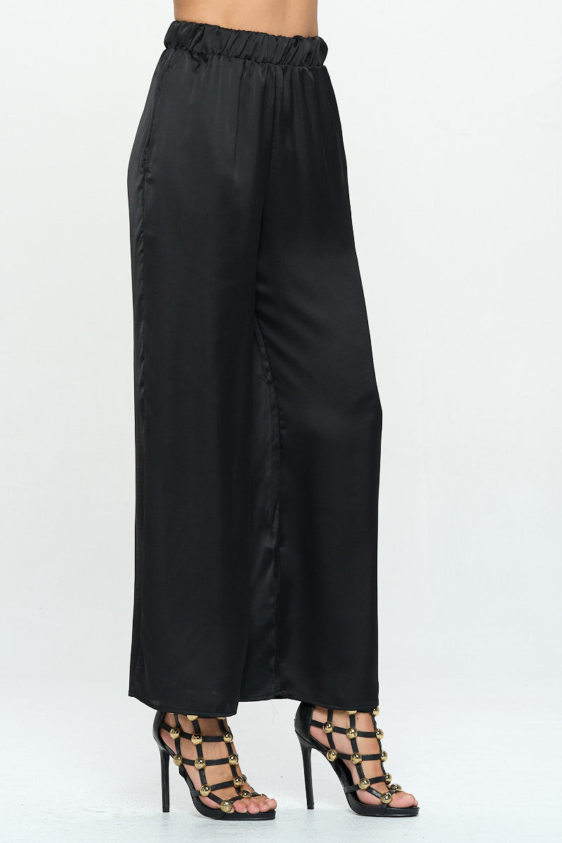 Stretch Satin Pants w/ Elastic Waist and Pocket-1